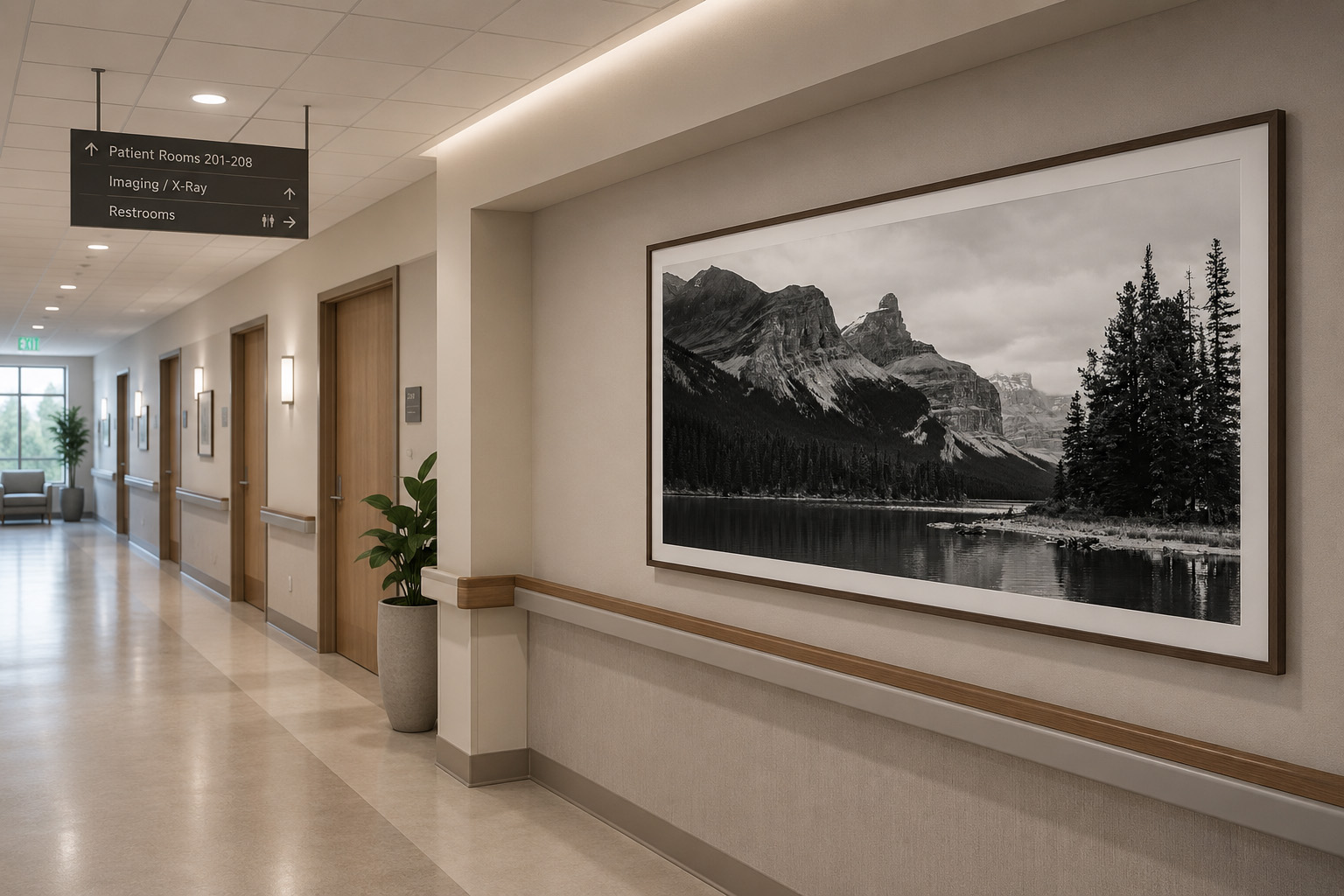 Hospital corridor with black and white mountain lake photography by Dan Sproul